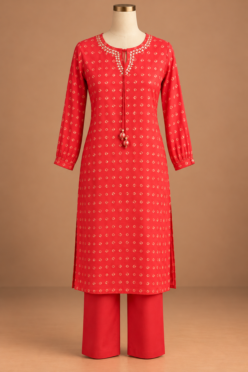 Vermilion Gold Motif Kurta Set