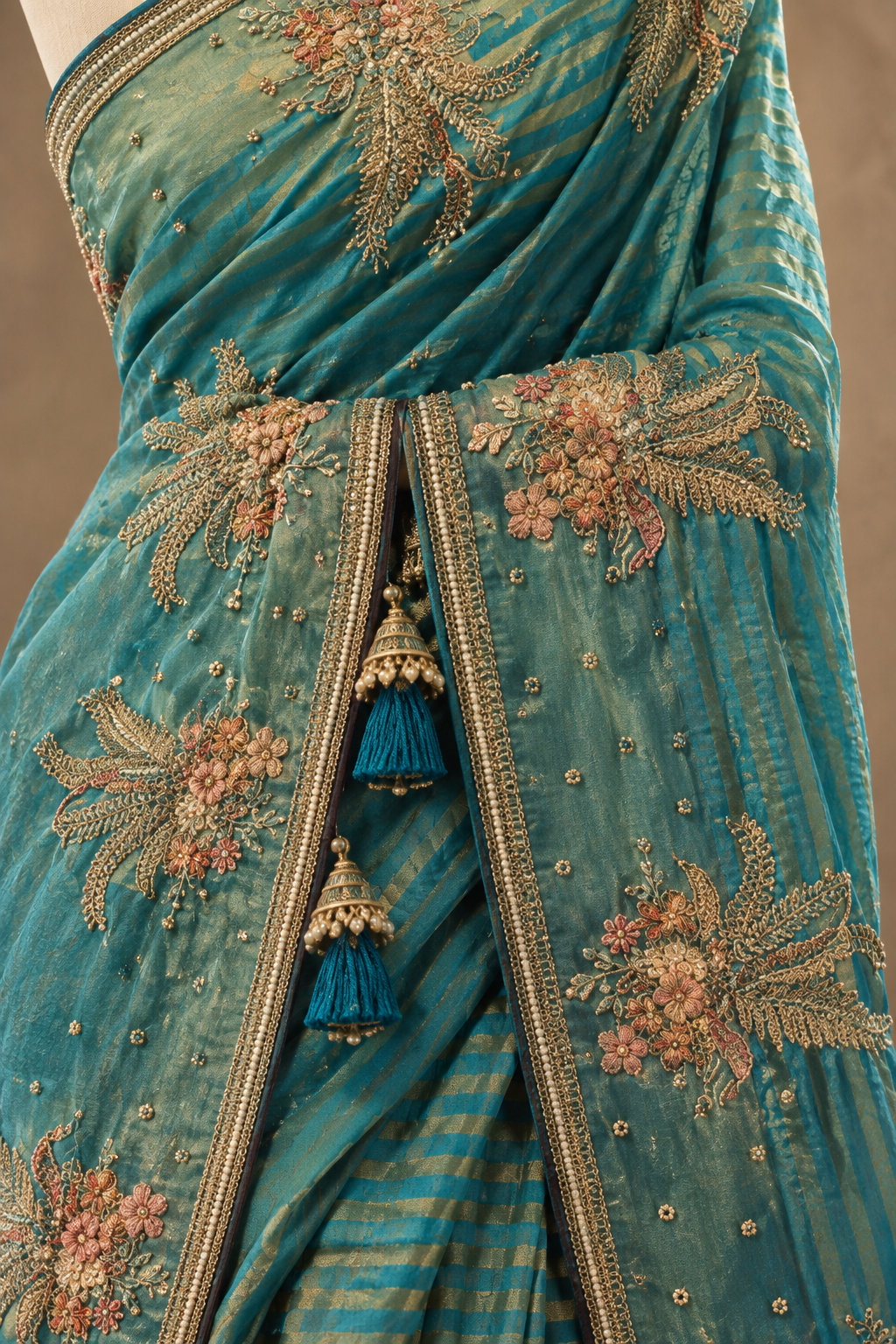 Mehrunissa Teal Zari Floral Saree