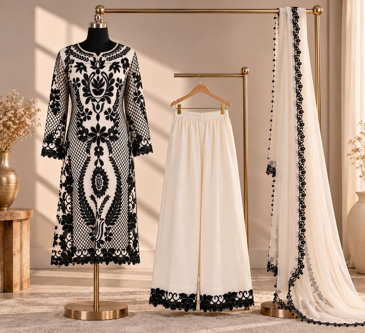 Ivory Noir Embroidered Suit Set