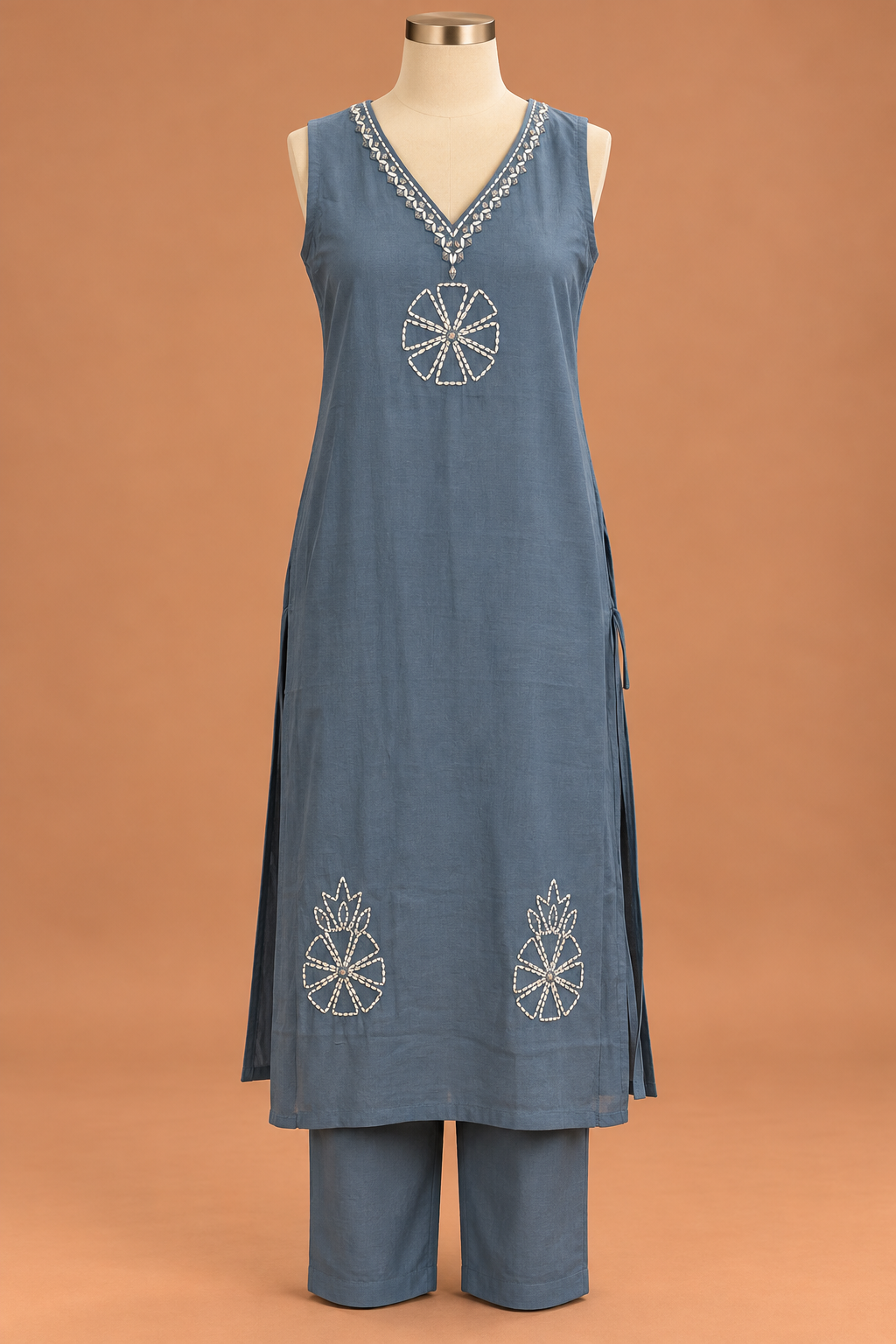Slate Blue Ivory Embroidered Kurta Set