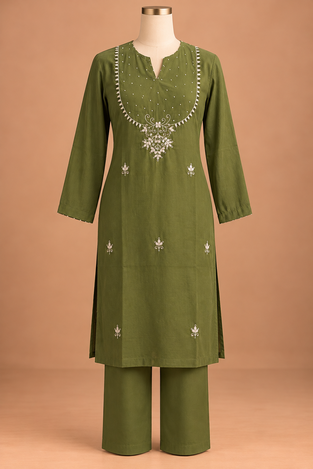 Olive Ivory Embroidered Suit Set