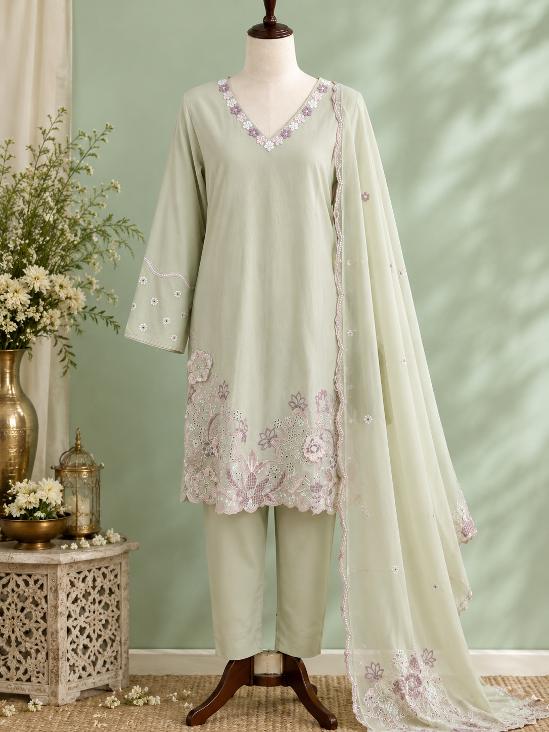 LUMIÈRE SAGE — Pastel Embroidered Suit