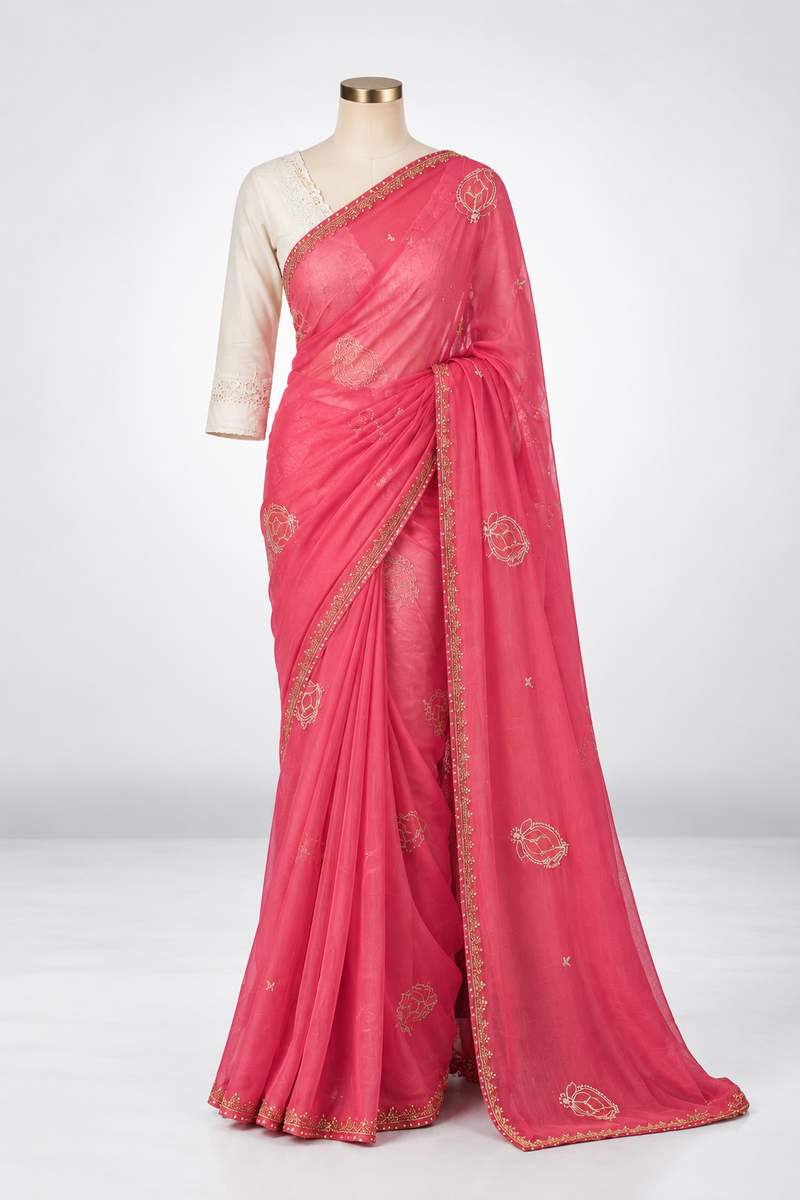 ROSÉ NOOR — Pink Embroidered Saree
