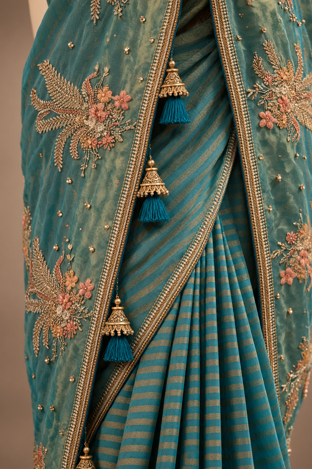 Mehrunissa Teal Zari Floral Saree