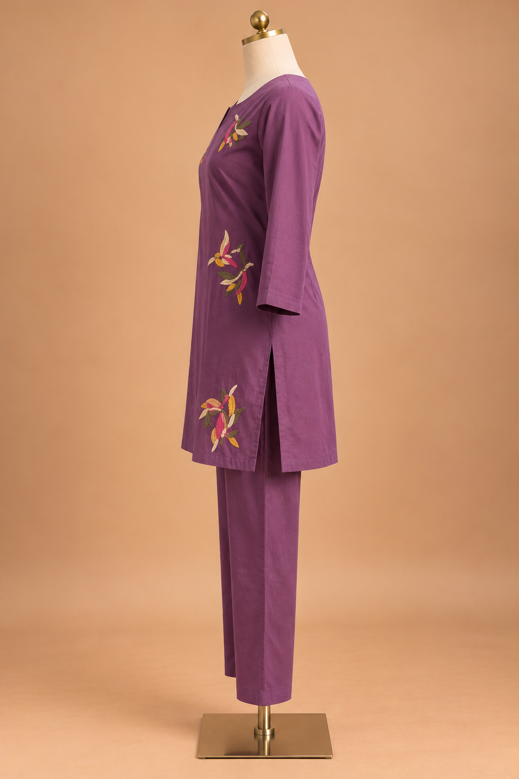 Mauve Floral Embroidered Kurta Set