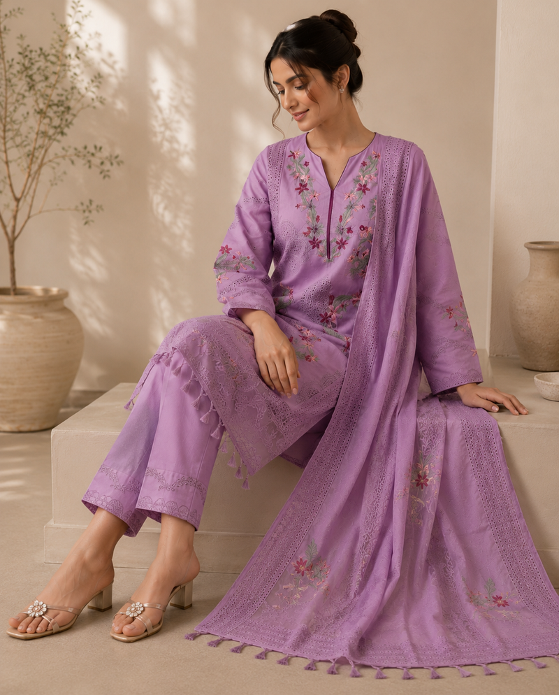 Lavender Blossom Embroidered Suit Set