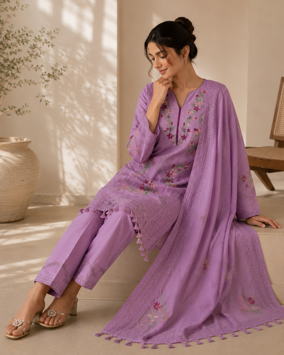 Lavender Blossom Embroidered Suit Set