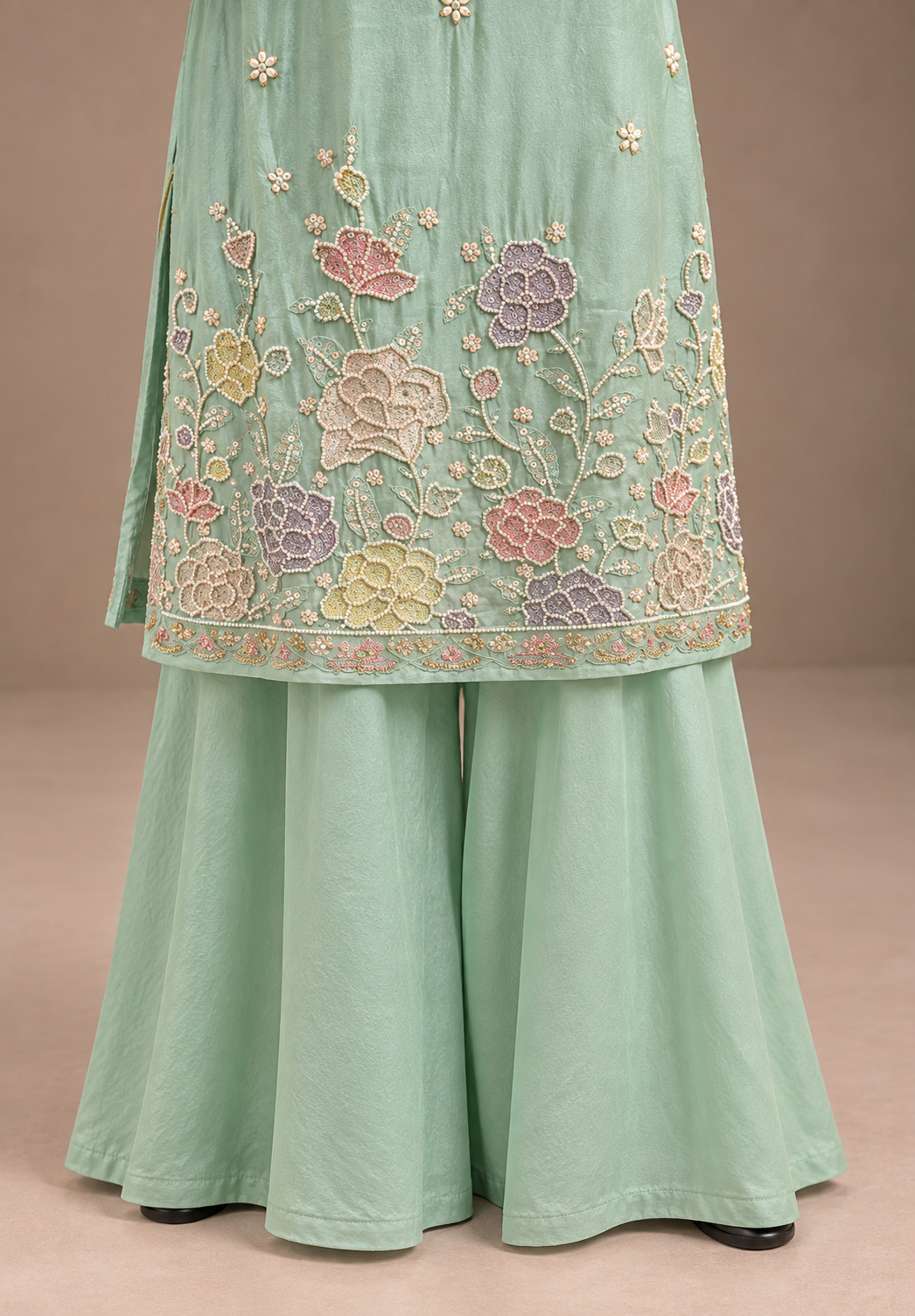 Mint Mehar Floral Embroidered Sharara Set