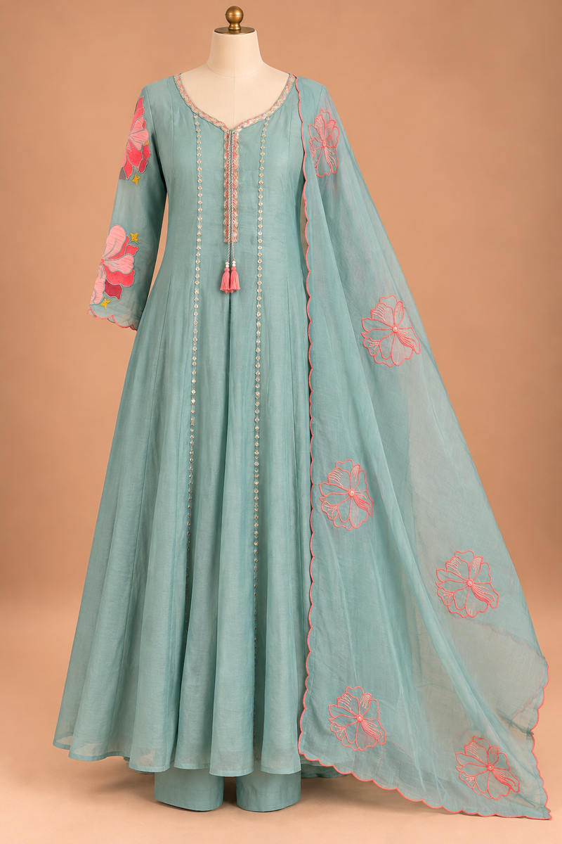 Aqua Petal Anarkali Set
