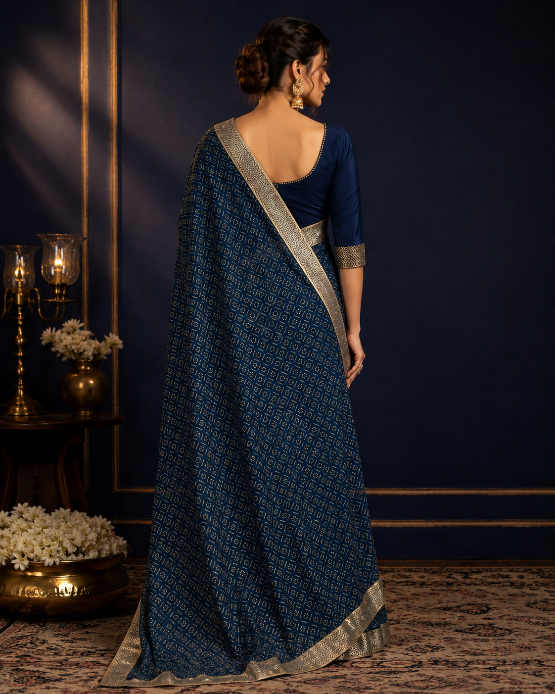 NÉVORA — Midnight Blue Brocade Saree