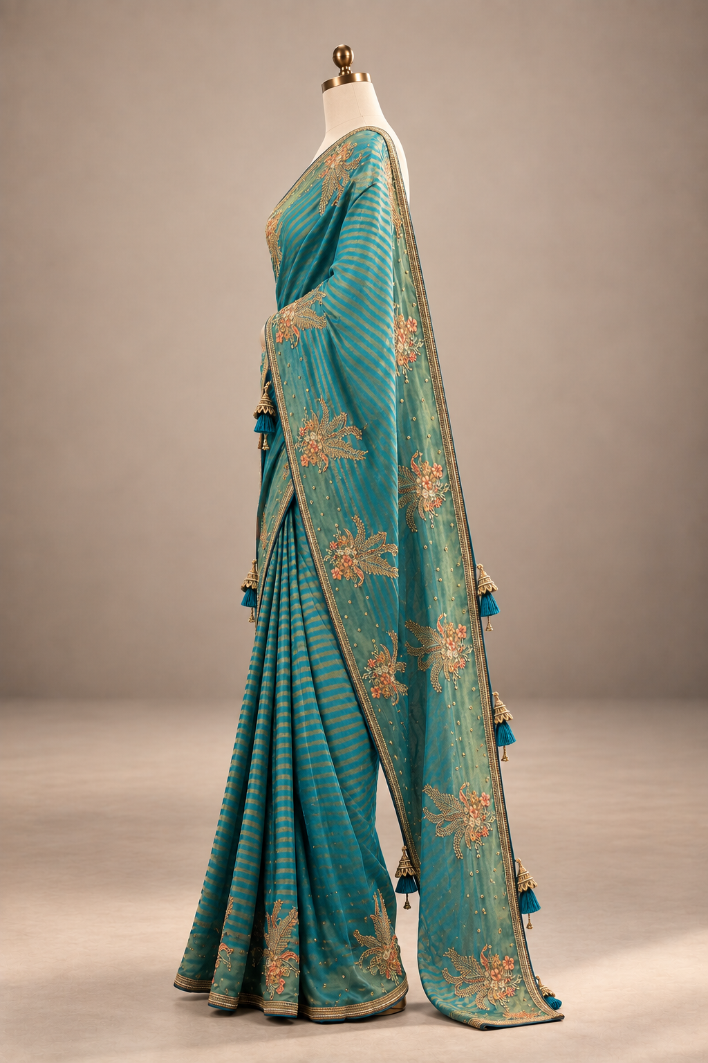 Mehrunissa Teal Zari Floral Saree