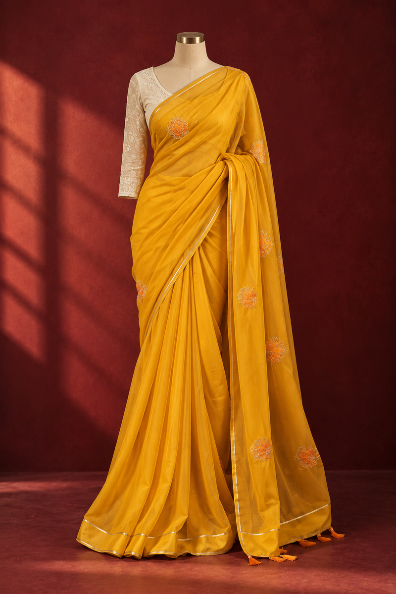 KANAKREKHA — Marigold Embroidered Saree