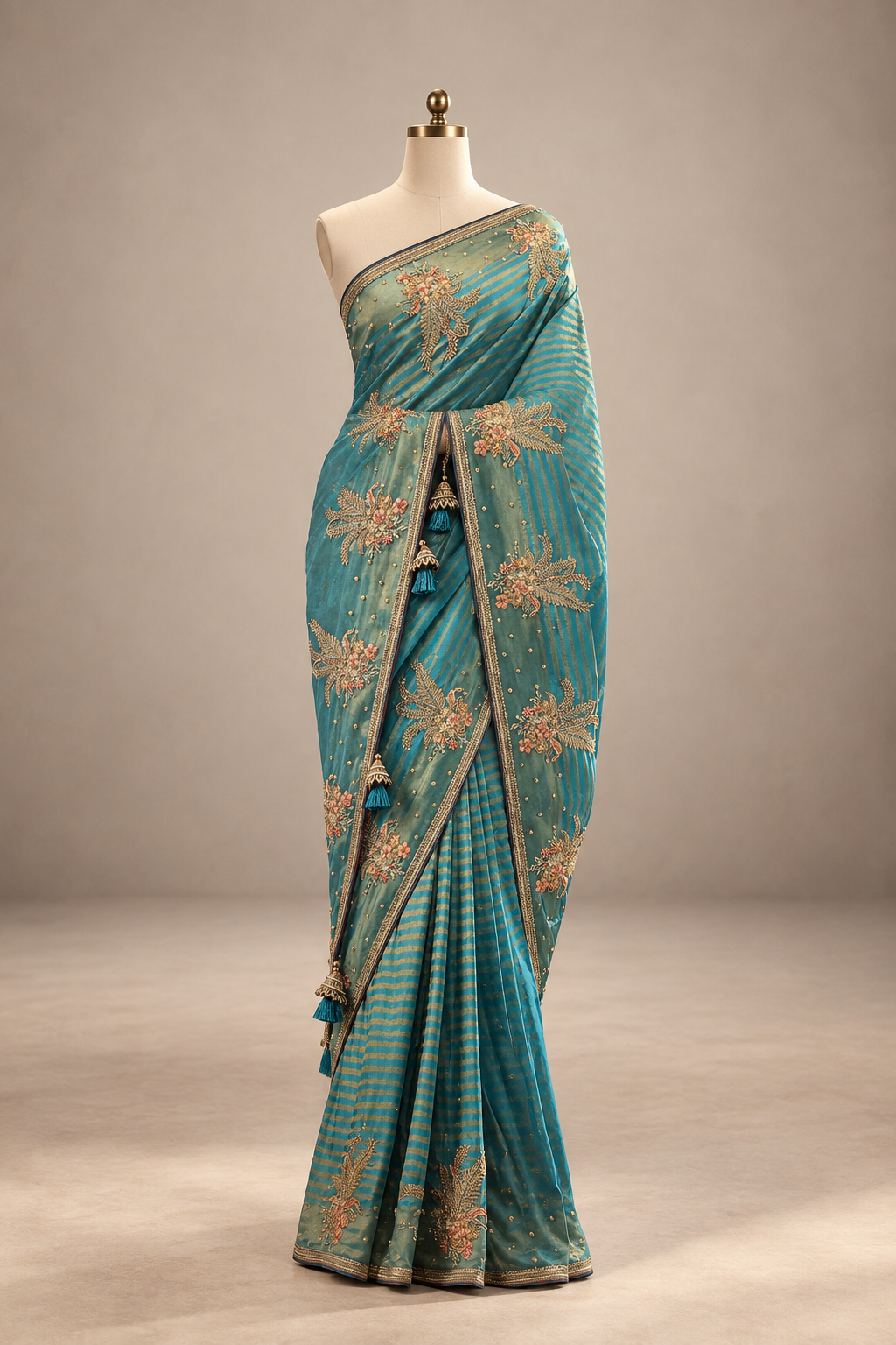 Mehrunissa Teal Zari Floral Saree