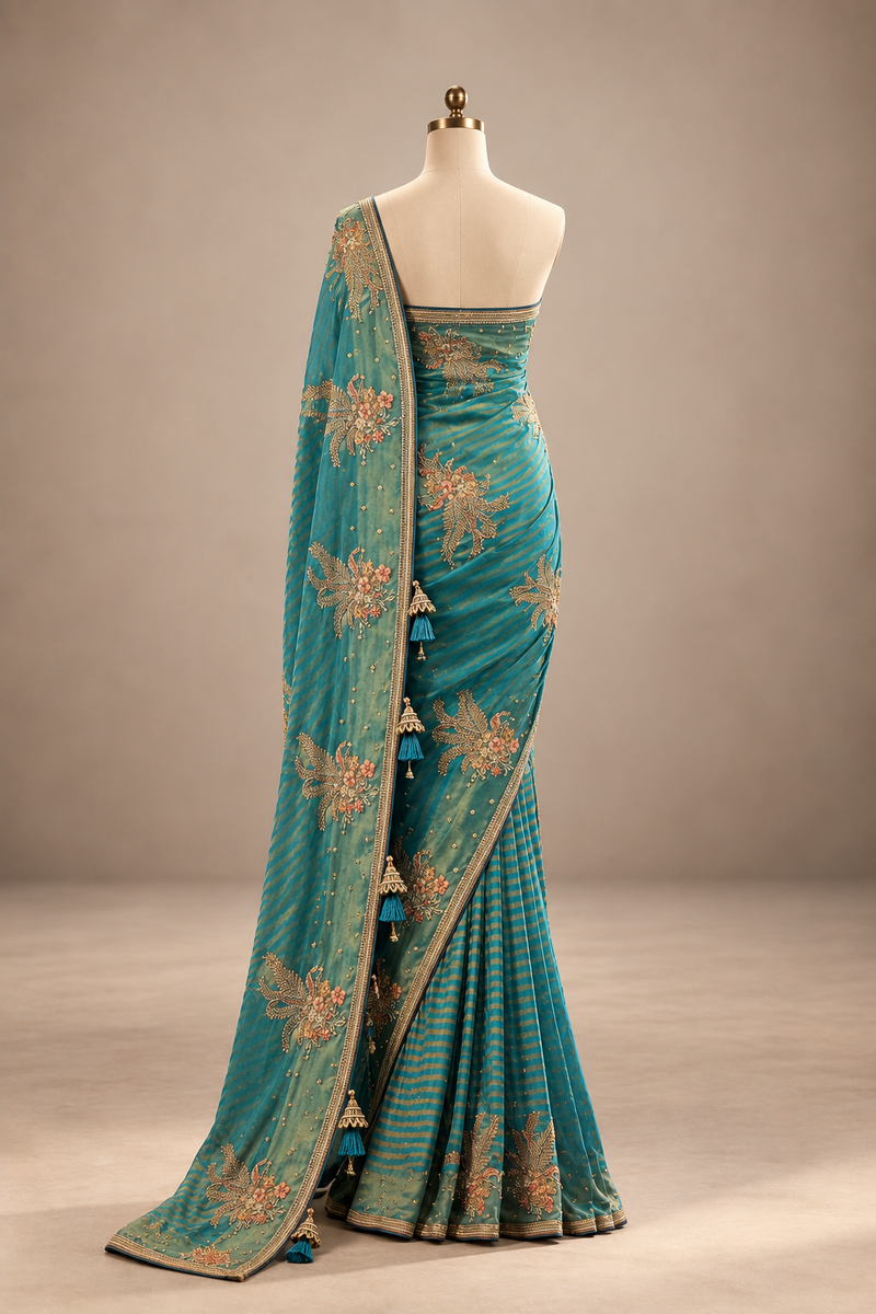 Mehrunissa Teal Zari Floral Saree