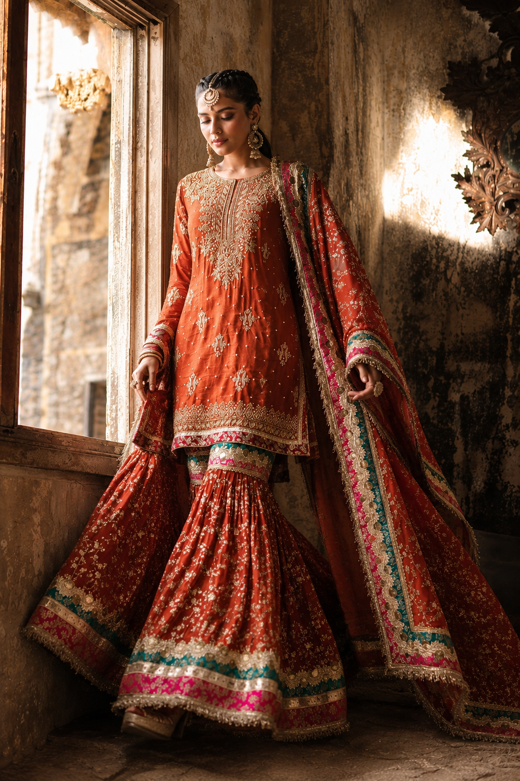 Rust Embroidered Sharara/Suit Set