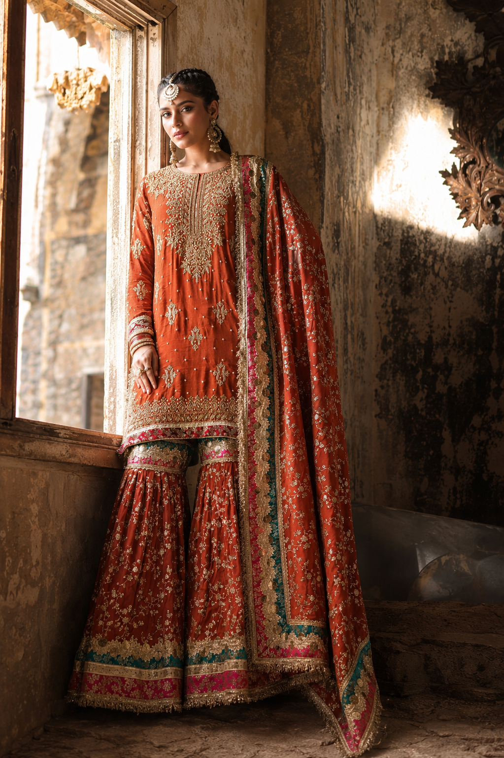 Rust Embroidered Sharara/Suit Set