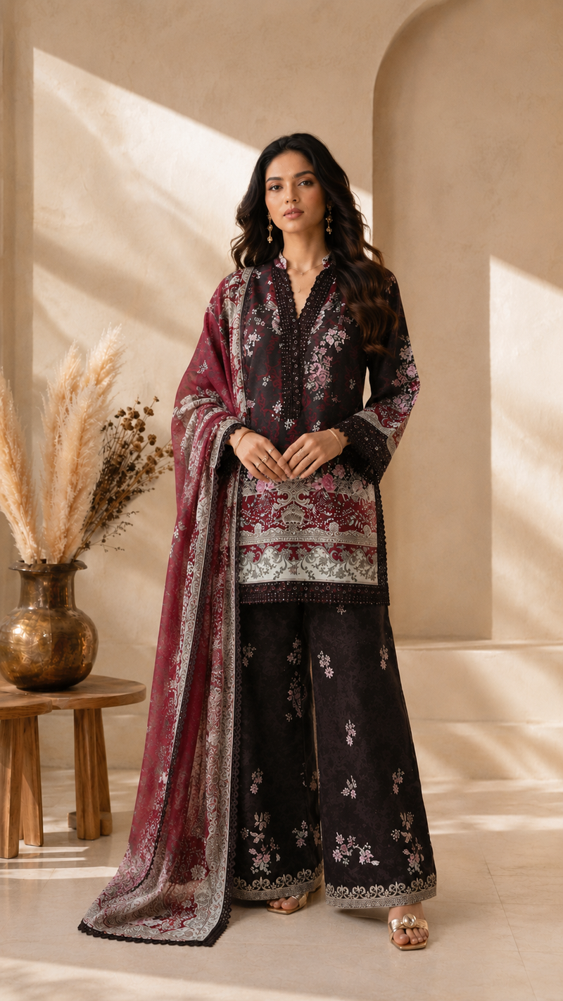Burgundy Heritage Printed Suit Set