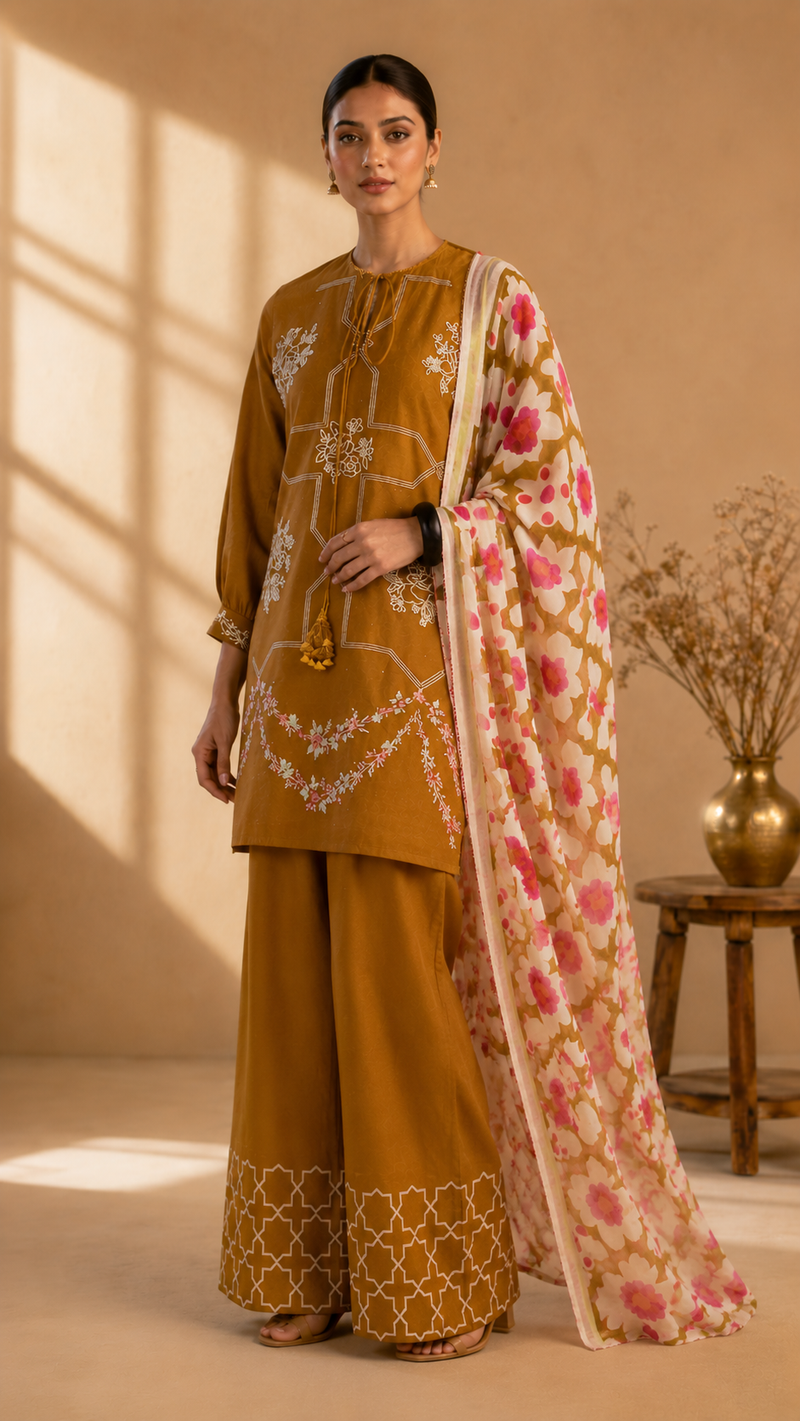 Mustard Floral Co-ord Suit Set