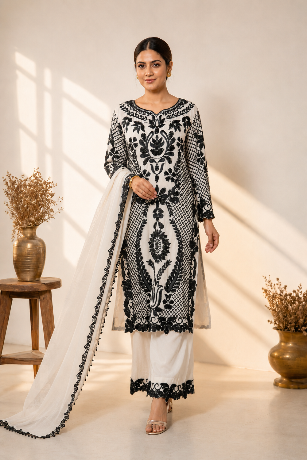 Ivory Noir Embroidered Suit Set