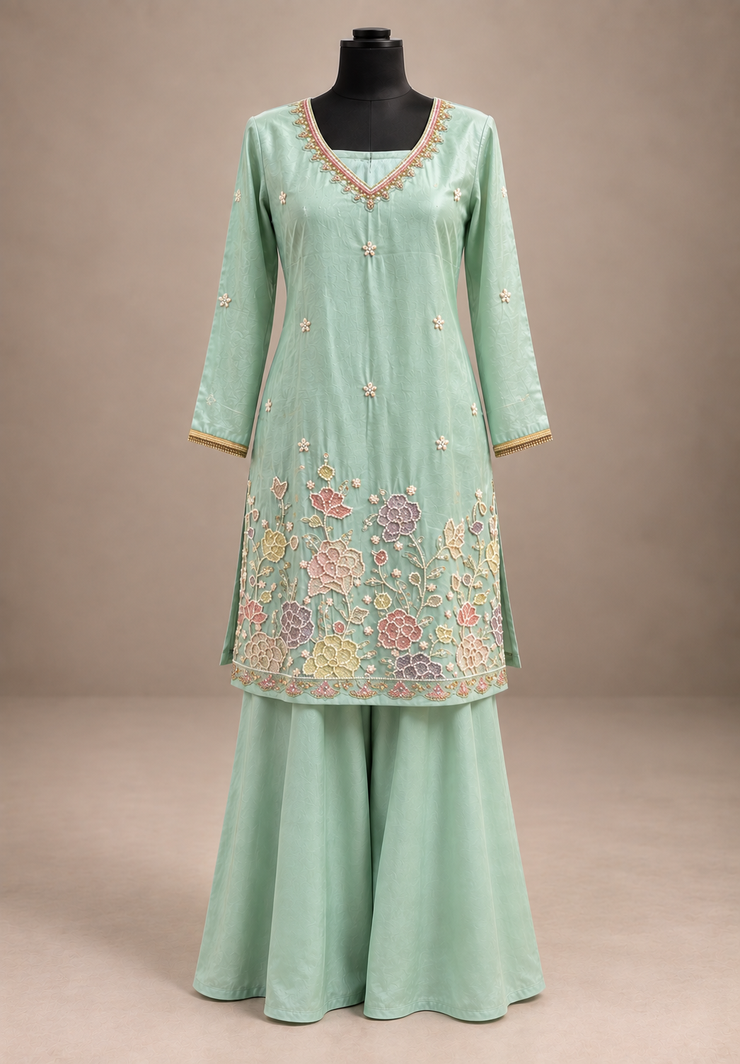 Mint Mehar Floral Embroidered Sharara Set