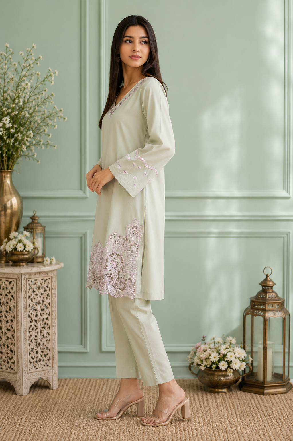 LUMIÈRE SAGE — Pastel Embroidered Suit