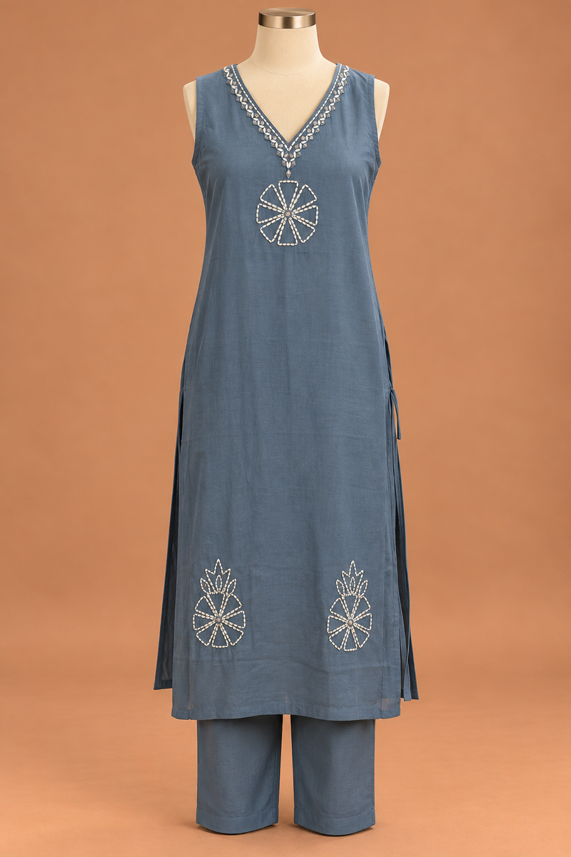 Slate Blue Ivory Embroidered Kurta Set