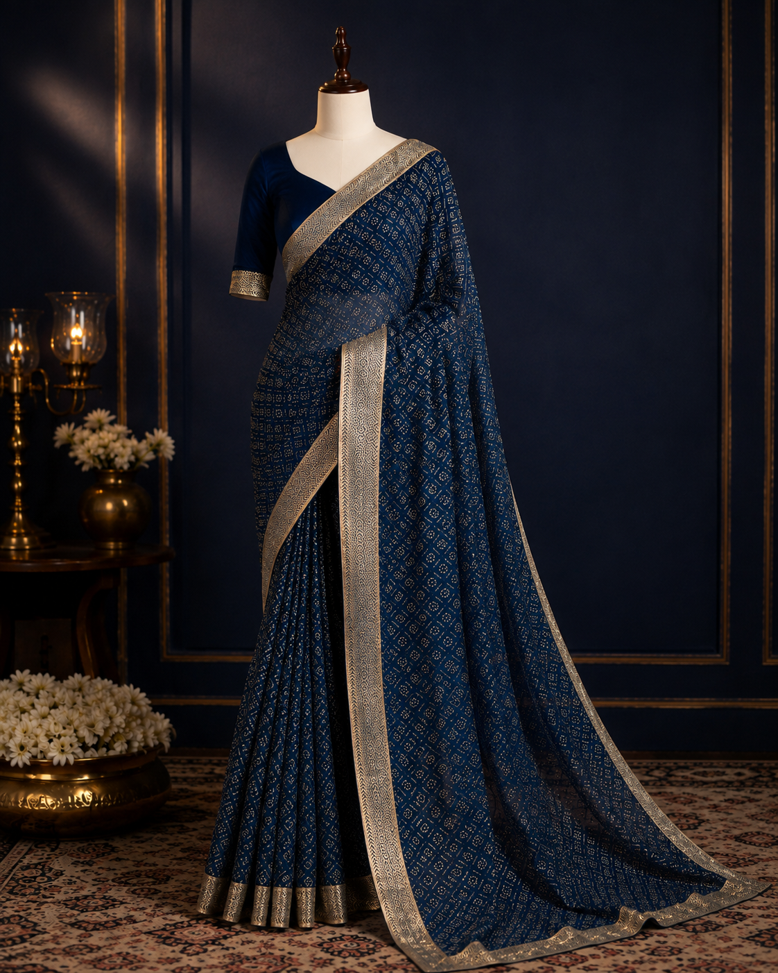 NÉVORA — Midnight Blue Brocade Saree