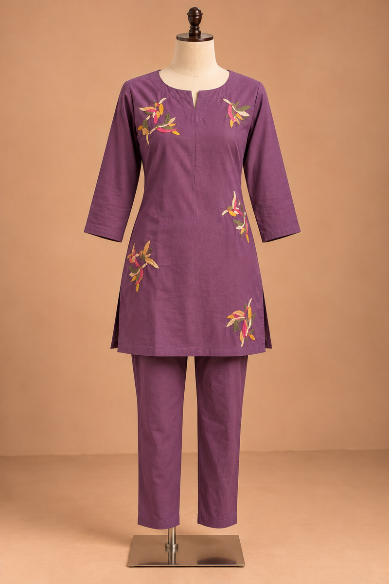 Mauve Floral Embroidered Kurta Set