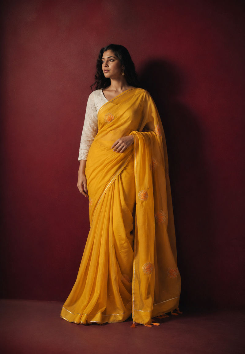 KANAKREKHA — Marigold Embroidered Saree