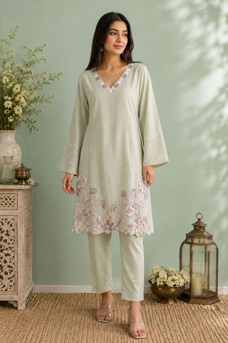 LUMIÈRE SAGE — Pastel Embroidered Suit