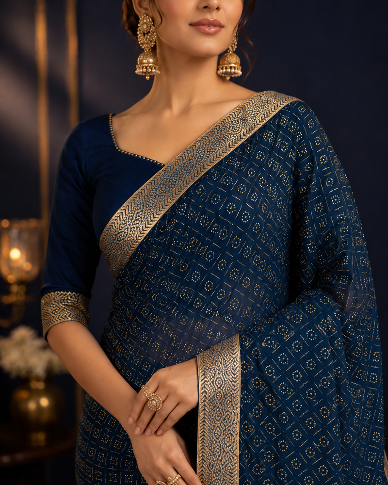 NÉVORA — Midnight Blue Brocade Saree