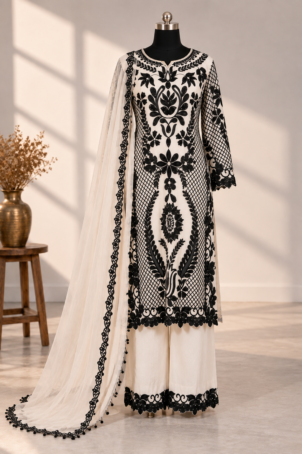 Ivory Noir Embroidered Suit Set