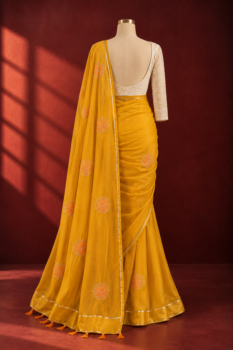 KANAKREKHA — Marigold Embroidered Saree