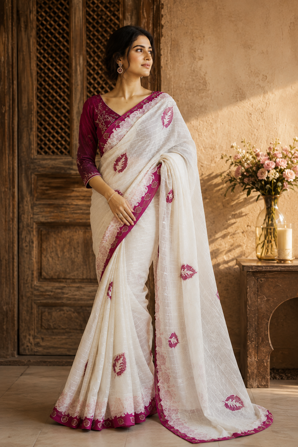 GULNAAR IVORY — Rose Border Saree
