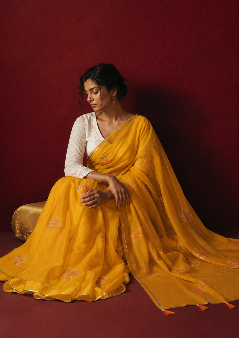 KANAKREKHA — Marigold Embroidered Saree