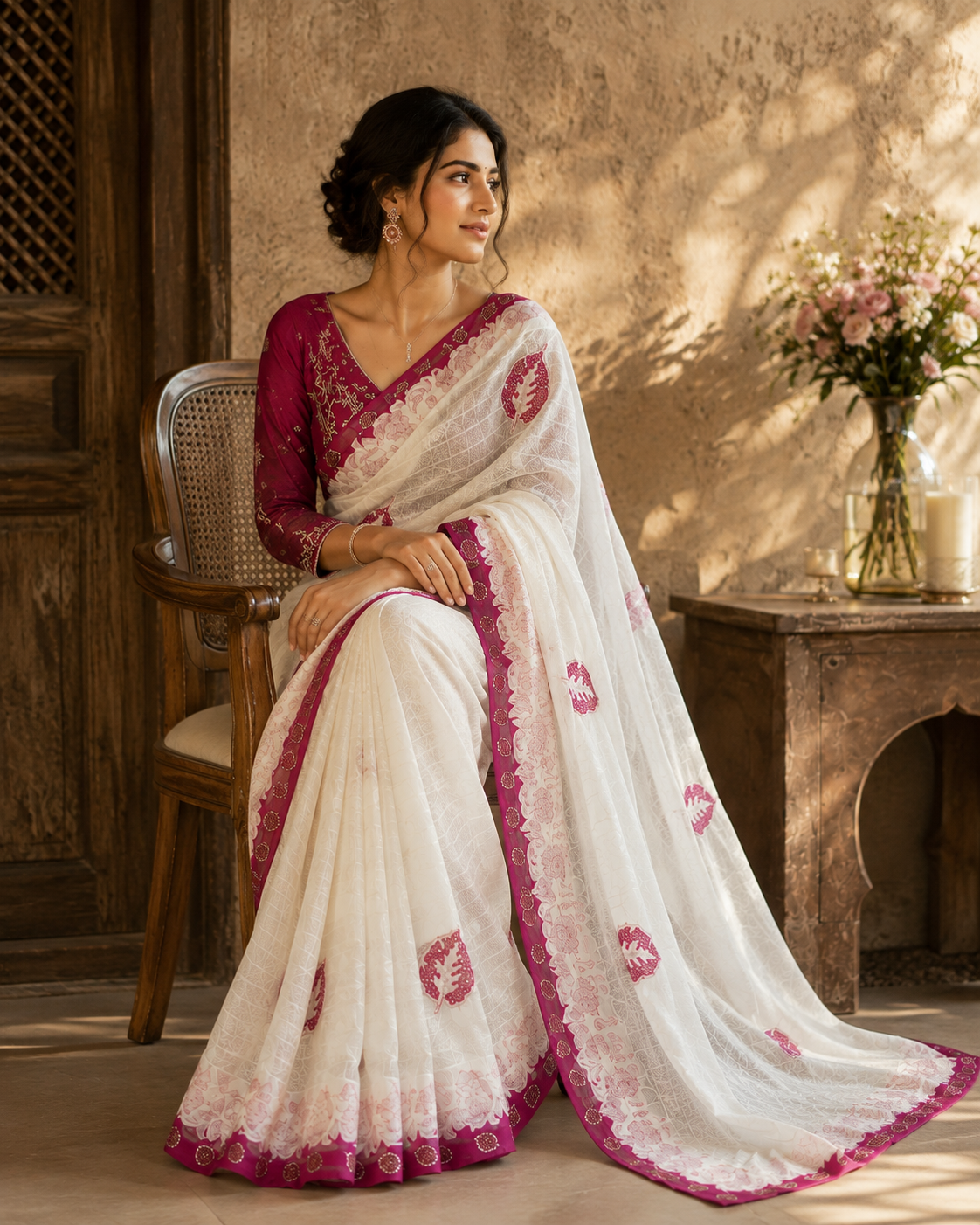 GULNAAR IVORY — Rose Border Saree