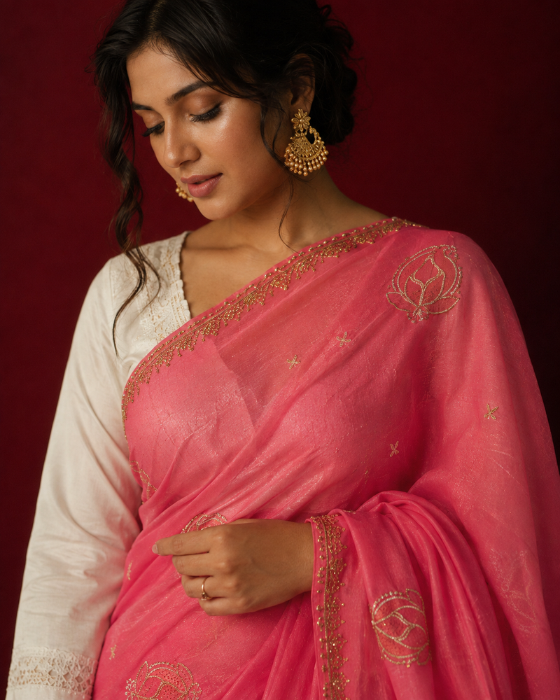 ROSÉ NOOR — Pink Embroidered Saree