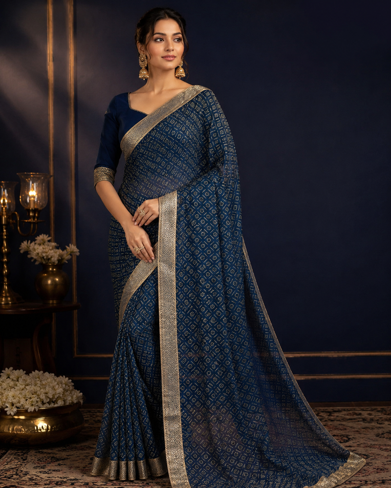 NÉVORA — Midnight Blue Brocade Saree