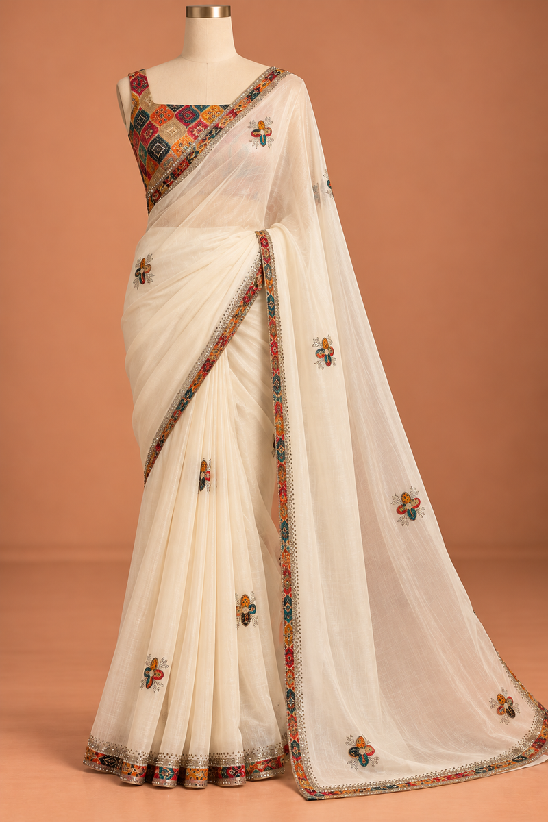 Ivory Mosaic Embellished Saree