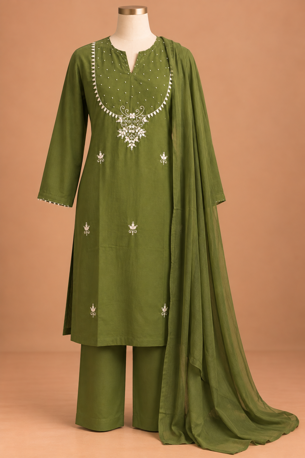 Olive Ivory Embroidered Suit Set