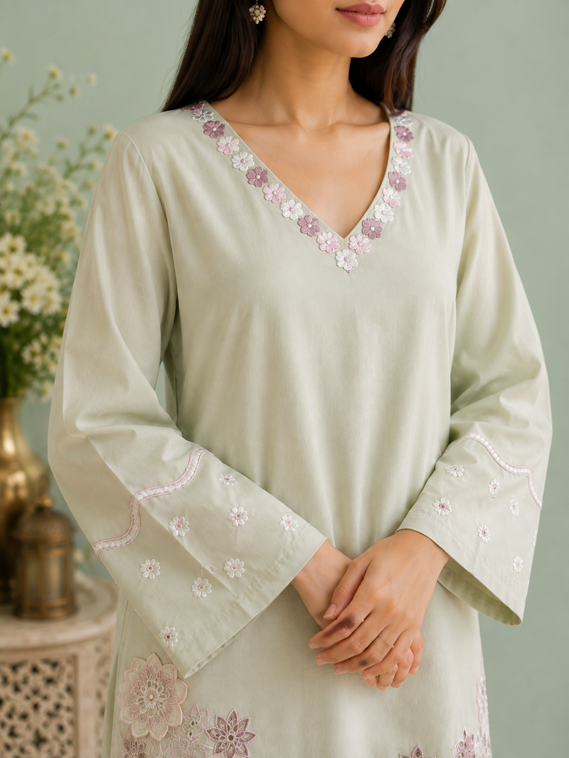 LUMIÈRE SAGE — Pastel Embroidered Suit