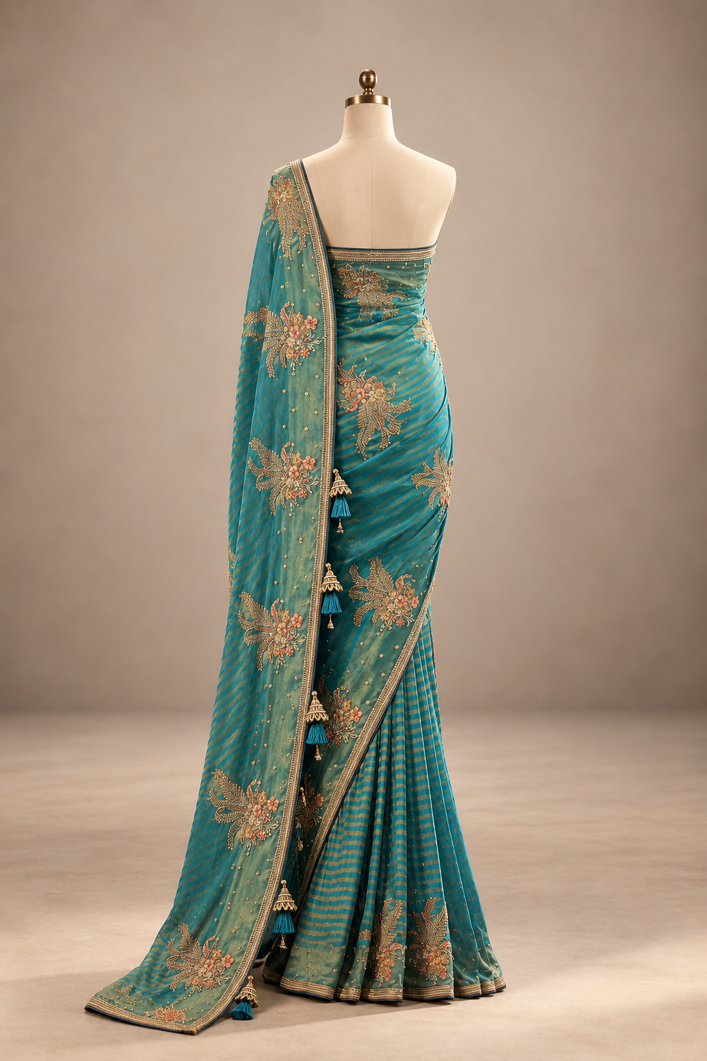 Mehrunissa Teal Zari Floral Saree