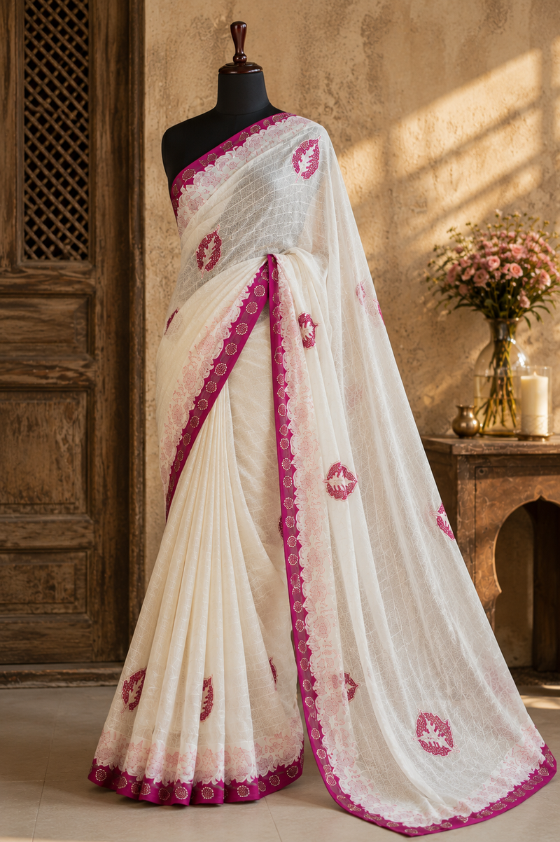GULNAAR IVORY — Rose Border Saree