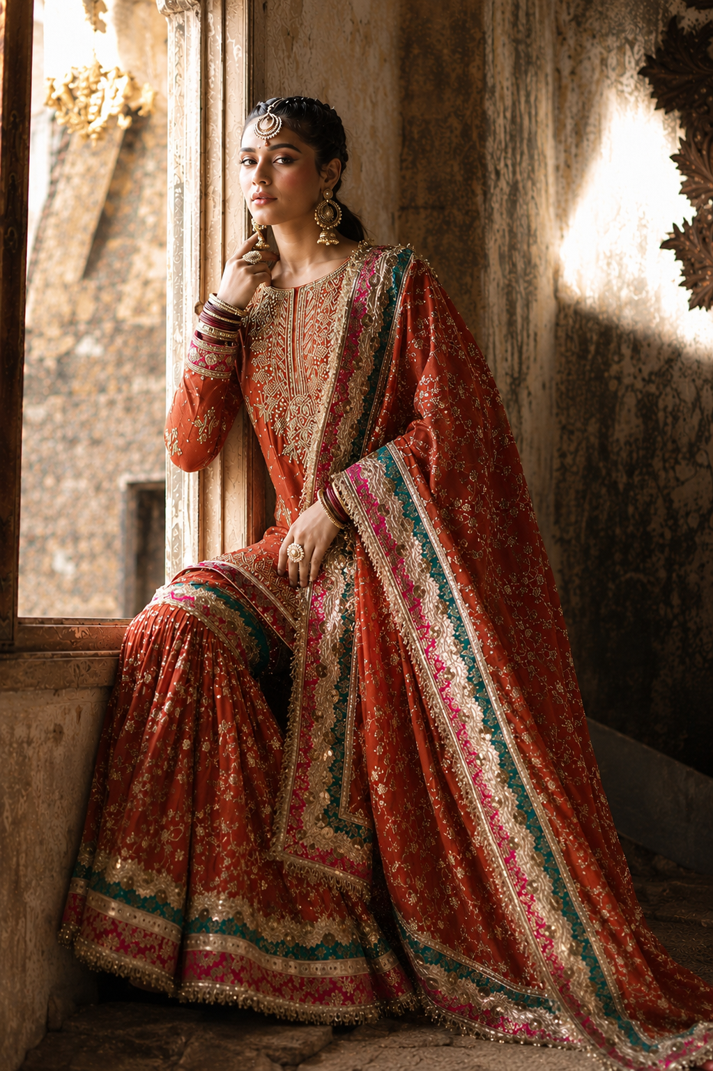 Rust Embroidered Sharara/Suit Set