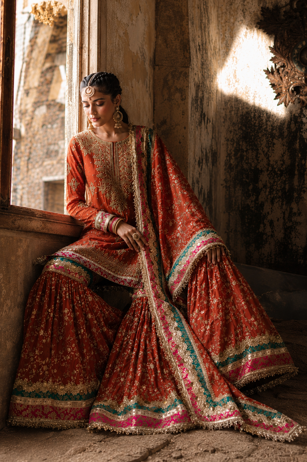 Rust Embroidered Sharara/Suit Set