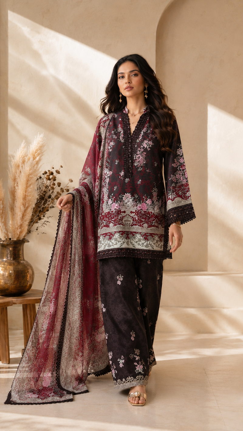 Burgundy Heritage Printed Suit Set