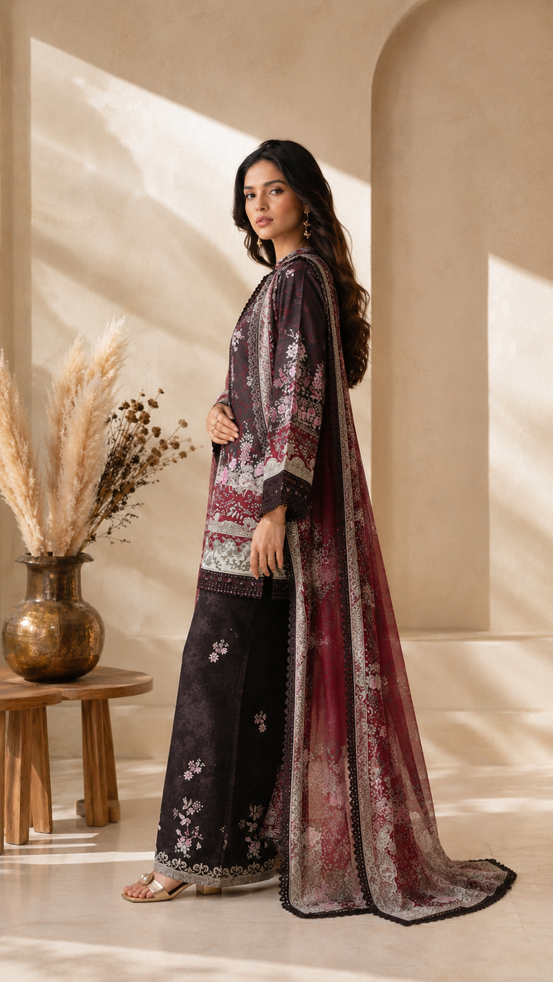 Burgundy Heritage Printed Suit Set