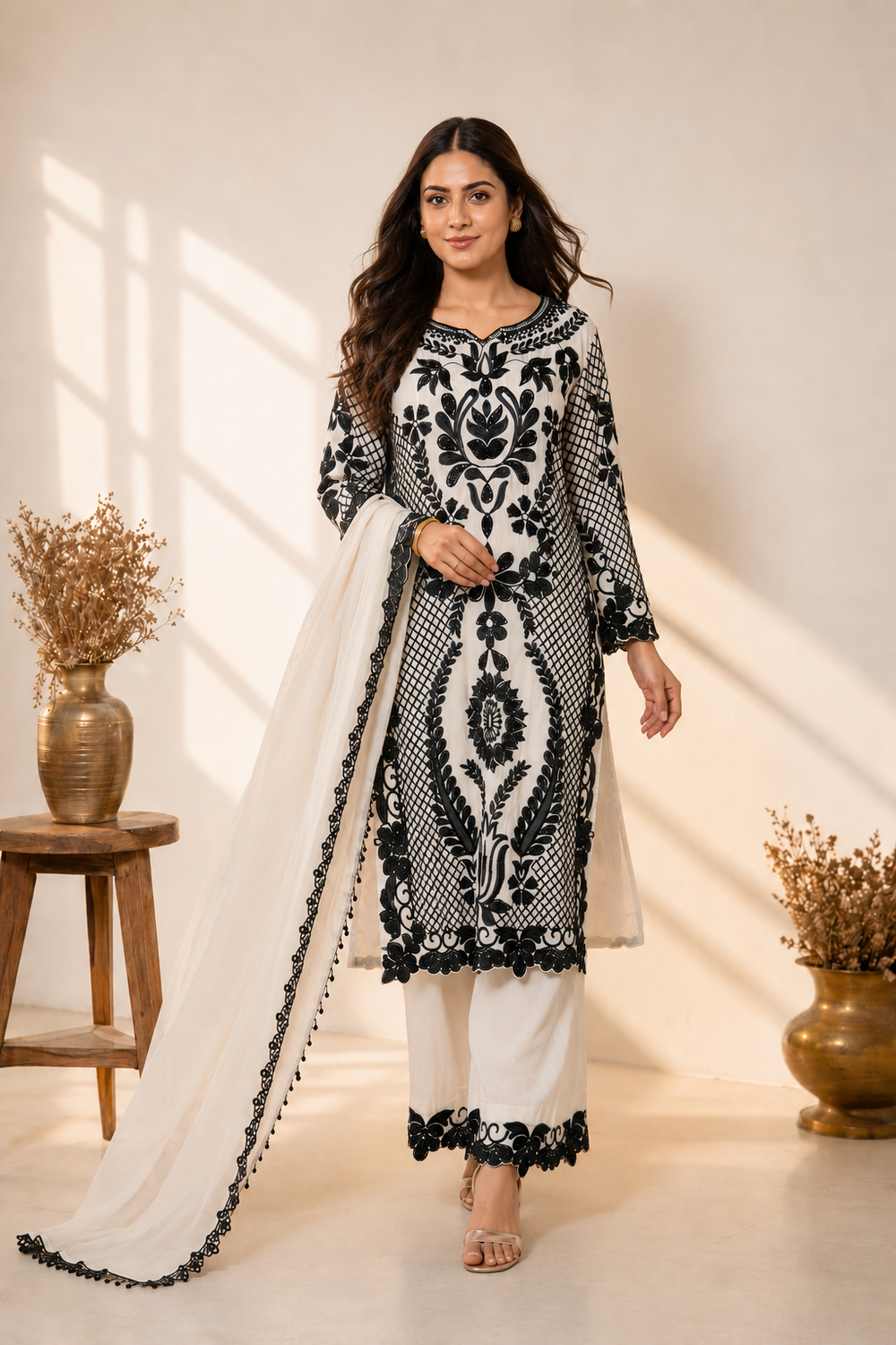 Ivory Noir Embroidered Suit Set