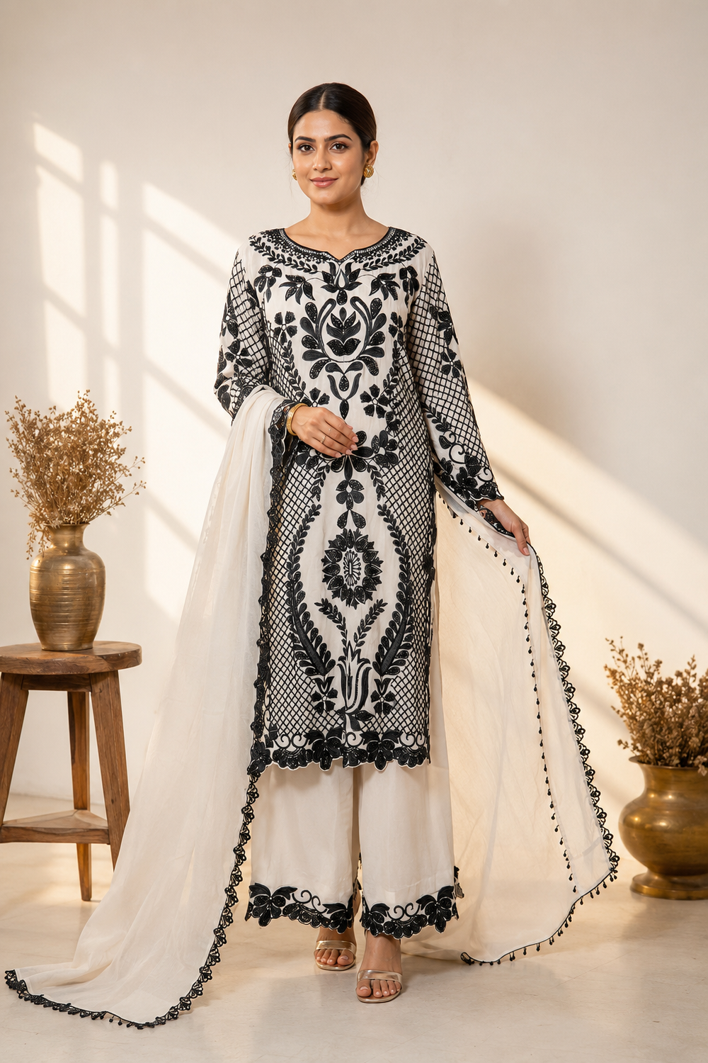 Ivory Noir Embroidered Suit Set